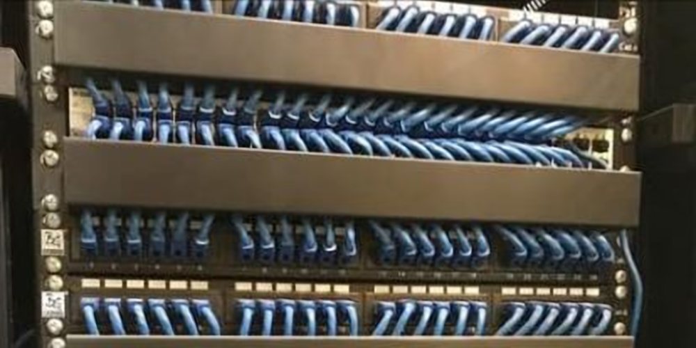 Patch panels with neatly terminated blue network cables